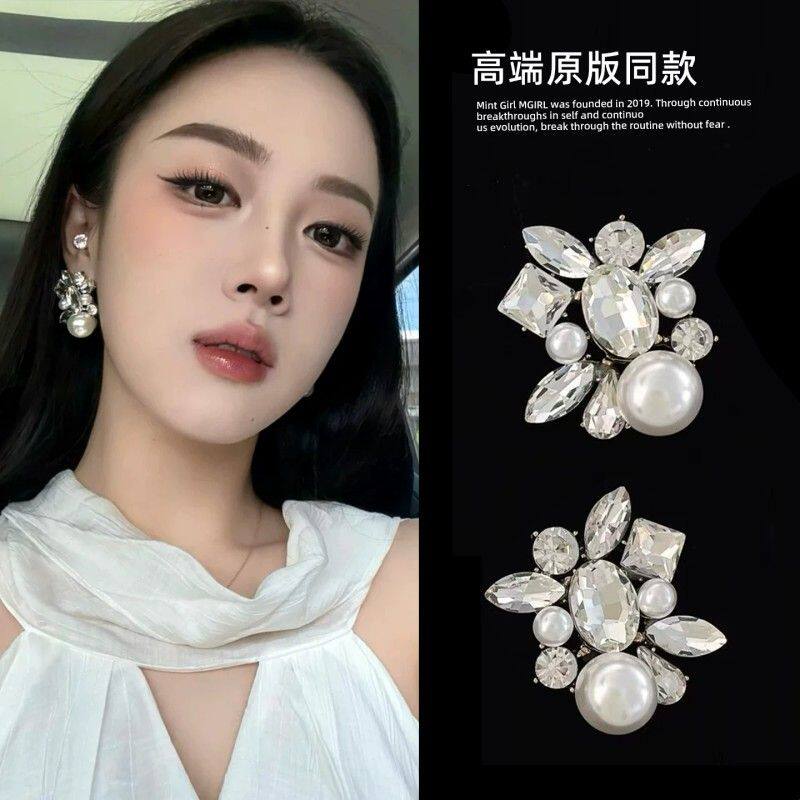 千金感~水钻珍珠耳环女复古气质耳钉轻奢高级感夸张耳饰2025新款
