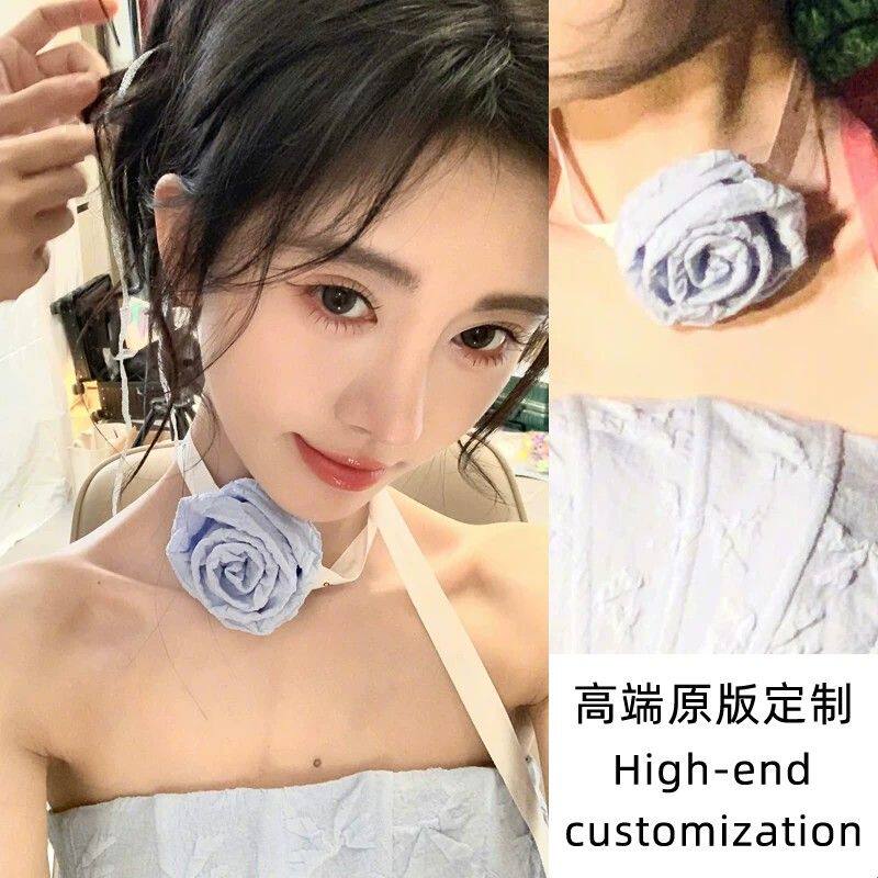 鞠婧祎同款颈花项链纯欲轻奢小众高级感颈链choker玫瑰花绑带项圈