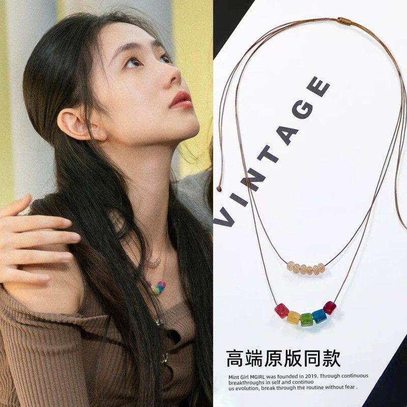 刘浩存木代同款项链女双层彩色天然石小众气质锁骨链新款2025新款