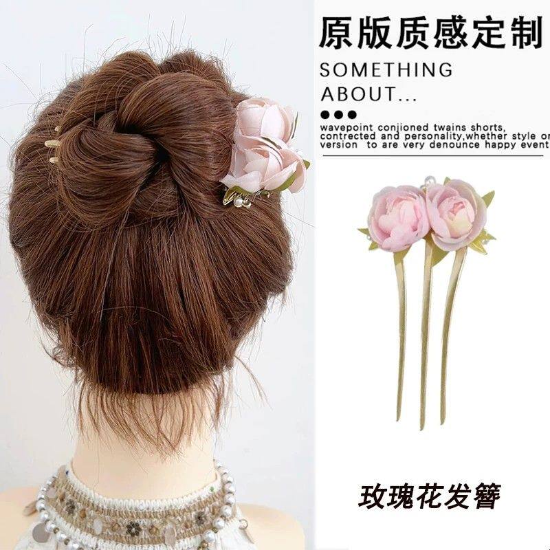 新中式玫瑰花三齿发簪女2025新款古风花朵气质后脑勺盘发簪子发钗