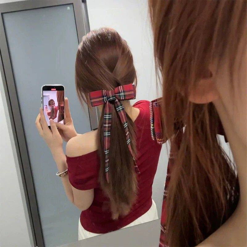 学院风法式格纹蝴蝶结飘带鸭嘴夹女甜美气质后脑勺抓夹半扎发夹子