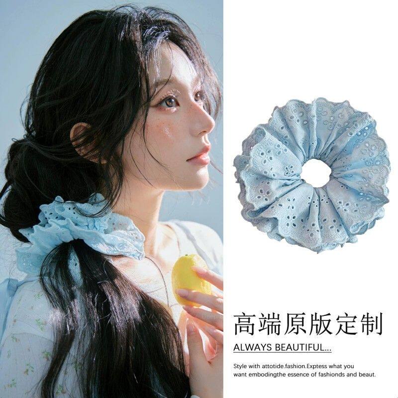 蓝色蕾丝花边大肠发圈女法式高级感2026新款夏头花扎头丸子头头绳