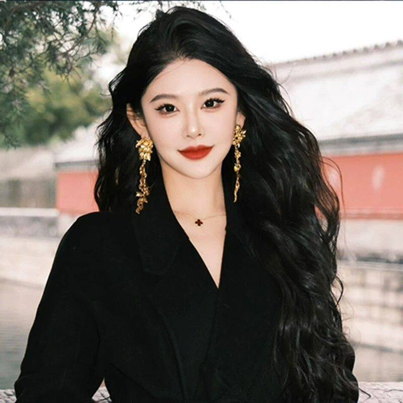 银针金色花朵树叶流苏耳环女欧美夸张中古气质耳钉时尚高级感耳饰