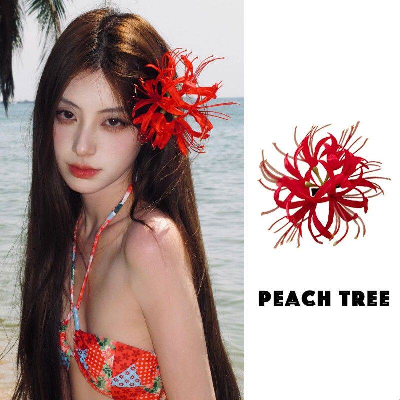 红色彼岸花发夹超仙仿真花朵侧边夹头花海边度假风氛围感拍照发饰