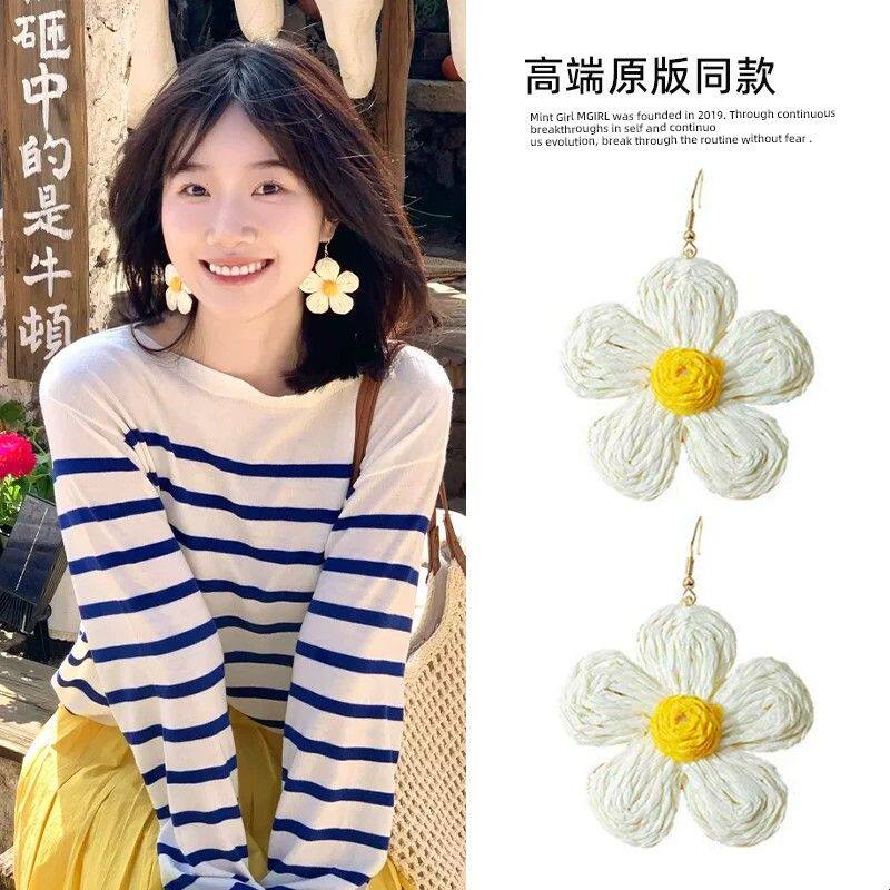 超阳光~手工编织太阳花耳环拉菲草编织丽江大理2025超火耳饰新款