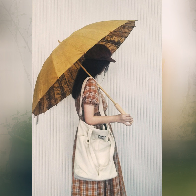 复古风16骨长柄直杆伞森系简约文艺小清新手动木制雨伞女大号防风