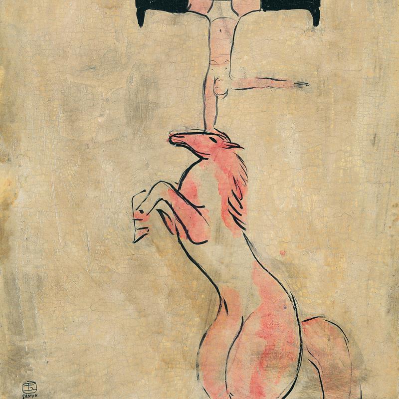 新中式常玉手工油画马术特技手绘复制品马戏团挂画娱乐卧室装饰画
