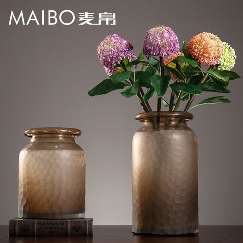 麦帛欧式直筒玻璃花瓶大号 客厅样板间家居插花手工磨刻棕色花器