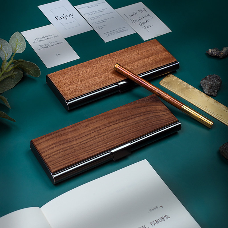 可定制雕刻实木笔盒收纳复古创意笔袋金属简约商务文具盒送礼物品