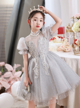 女童礼服轻奢小众高端生日花童婚纱儿童主持人钢琴演出服灰色夏季