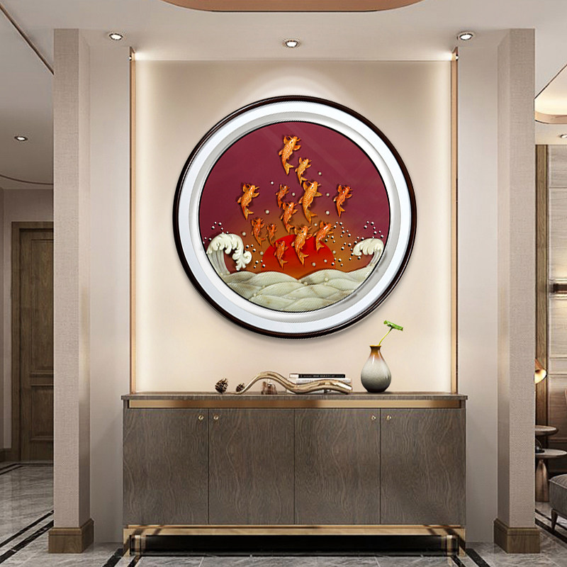 入户玄关客厅装饰画玉雕圆形餐厅墙壁挂画进门led灯光大气背景墙