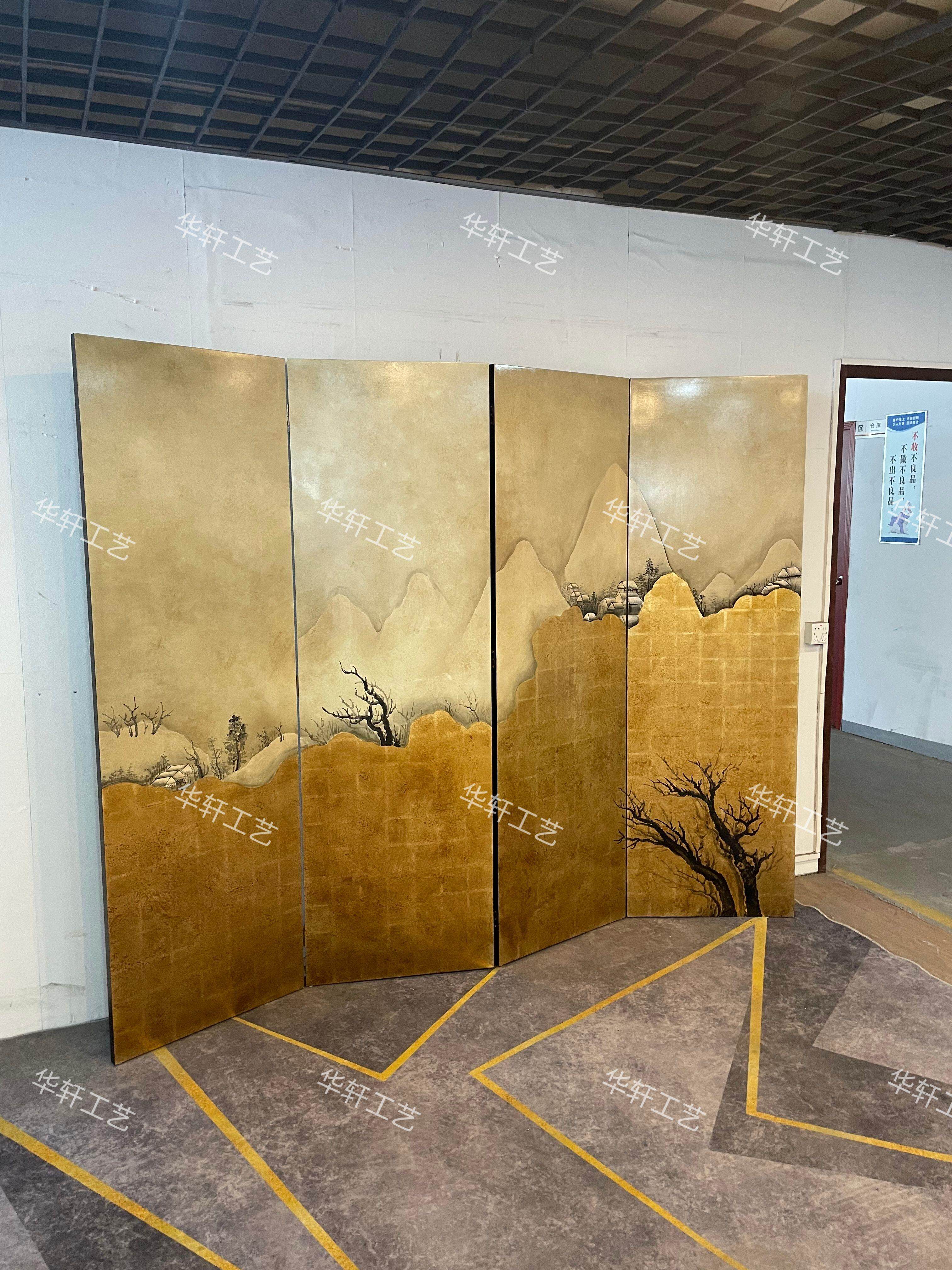 定制效果复古手绘屏风漆画新中式隔断玄关画茶室背景墙装饰画移动