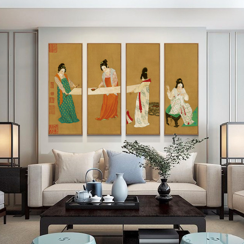 捣练图 新中式客厅美仕女图玄关走廊茶室书房装饰画竖版四联壁画