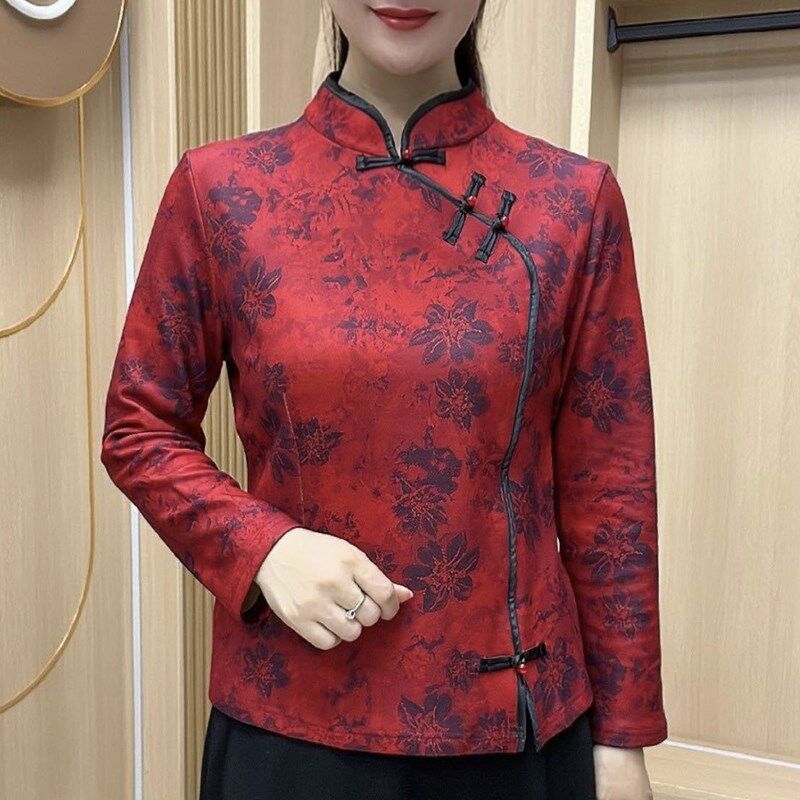 洋气中国风加绒旗袍上衣中老年妈妈装长袖打底衫盘扣花色小衫上衣