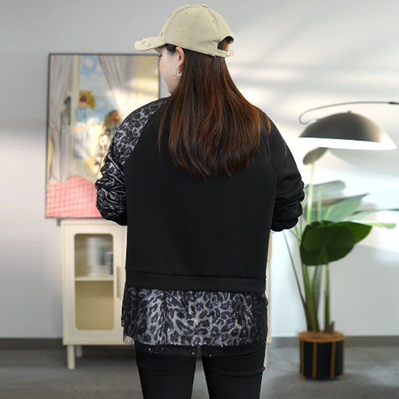 大码女装230斤胖妹妹时髦洋气上衣胖mm春装时尚宽松显瘦长袖T恤衫