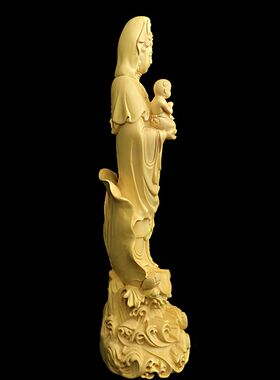 黄杨木雕摆件送子观音佛像工艺品手把玩件实木雕刻车载摆件送礼