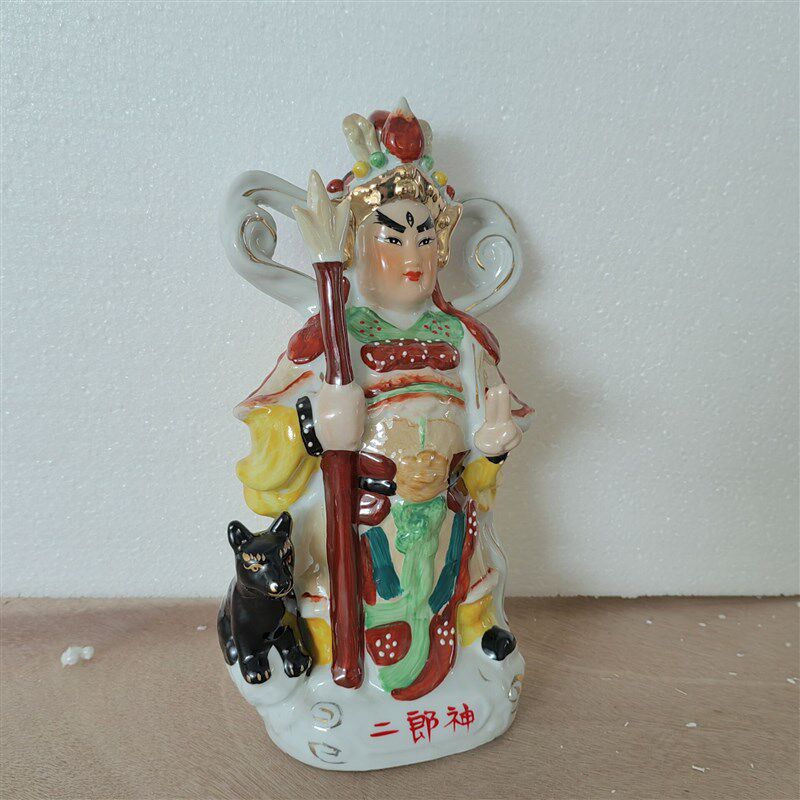 陶瓷二郎神神像显圣真君杨戬哮天犬古彩三目真君战象南天门摆件