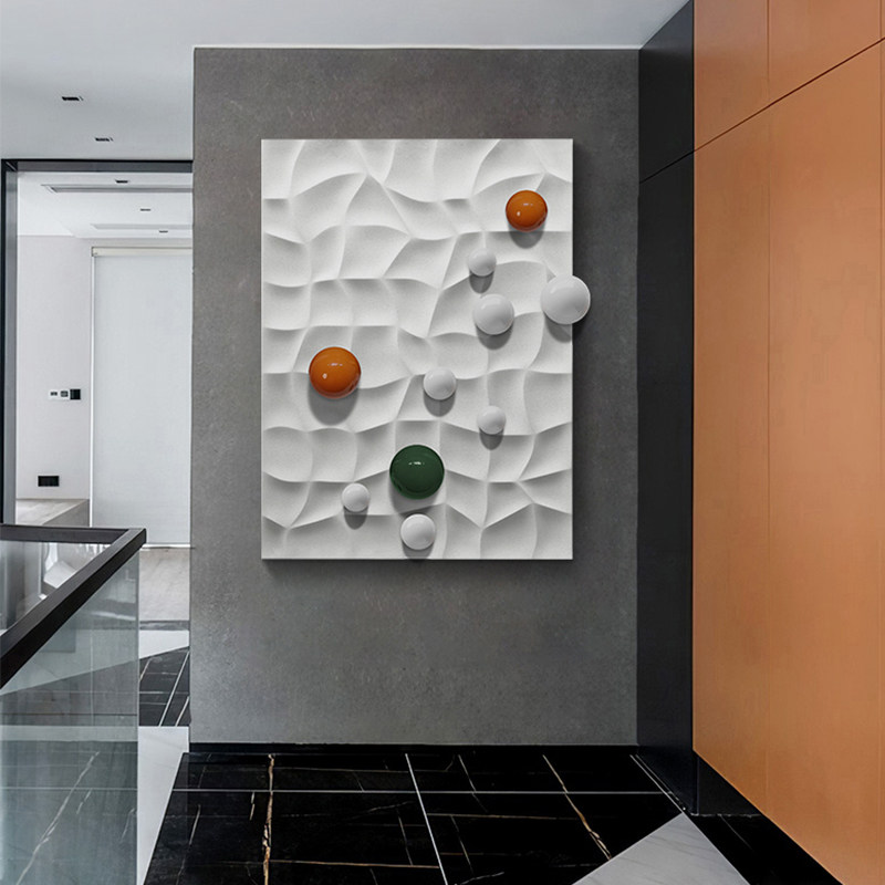 高级感3D立体不锈钢球入户玄关装饰画浮雕肌理油画设计师艺术装置