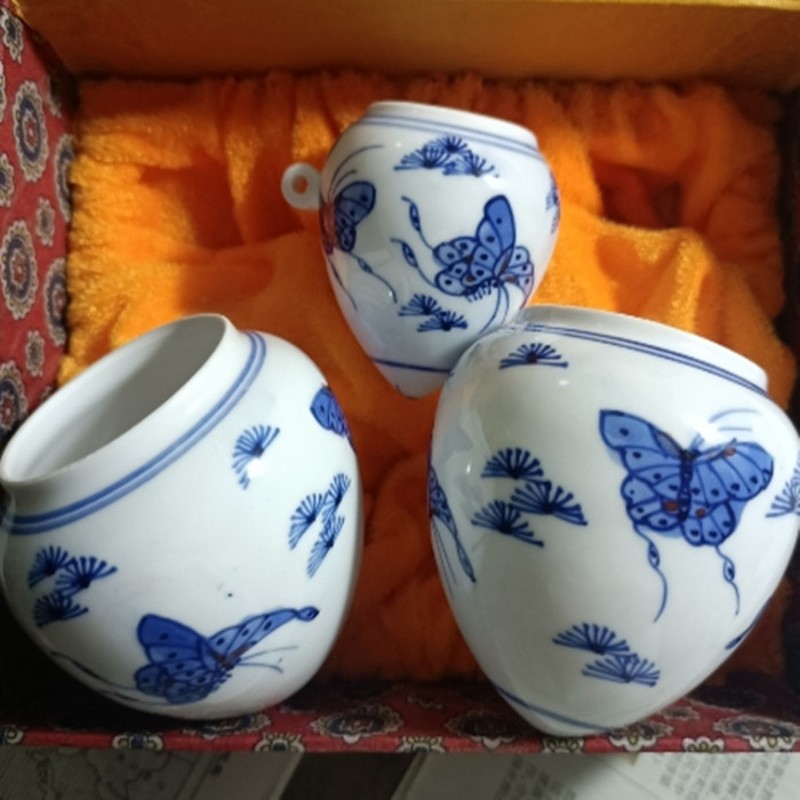 景德镇手绘鸟食罐瓷青花大号鸡心罐 画眉缸蝴蝶龙图鸟杯 鸟笼配件