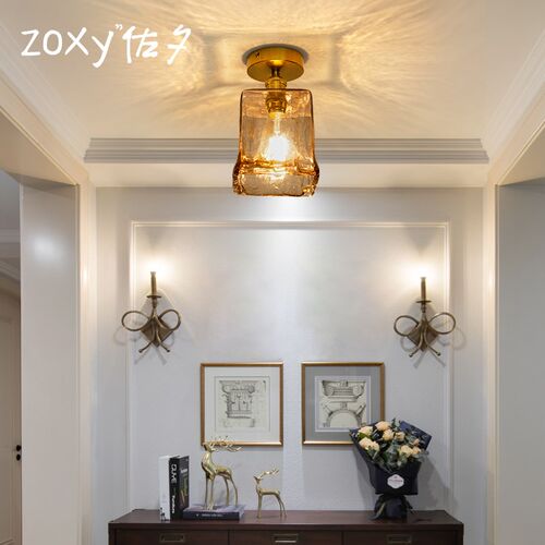 zoxy佐夕 黄铜过道吸顶灯复古琥珀色玻璃入户门厅灯走廊阳台灯具
