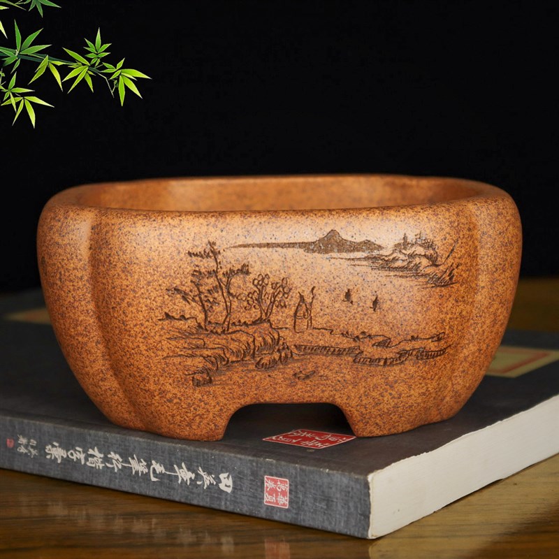 宜兴紫砂花盆精品柴烧老段泥盆景盆四方多肉金弹子云竹菖蒲盆栽盆