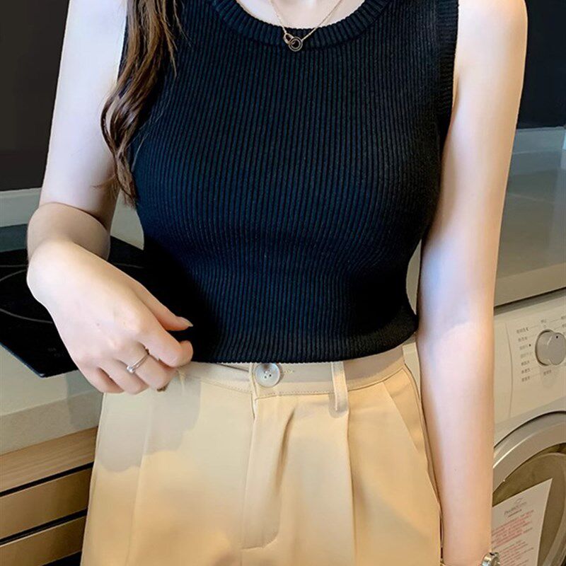 秋冬打底针织吊带背心女大码胖mm无袖修身外穿遮副乳上衣白色内搭