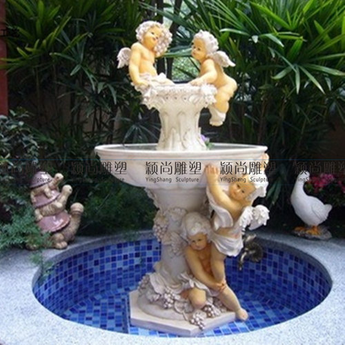 欧式花园庭院大厅招财鱼池水景玻璃钢多层摆件天使流水加湿喷泉