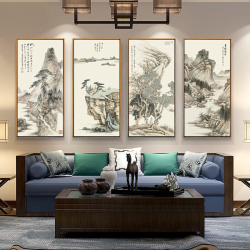 新中式玄关装饰画客厅背有靠山四联挂画水墨山水壁画中国风张大千