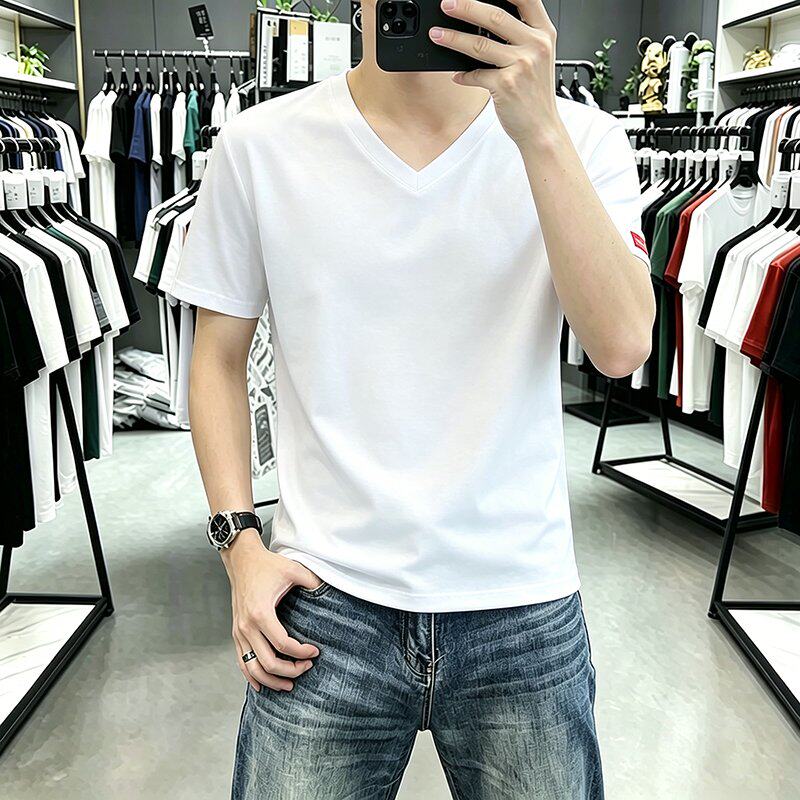 新款夏季V领男士短袖T恤纯色衣服