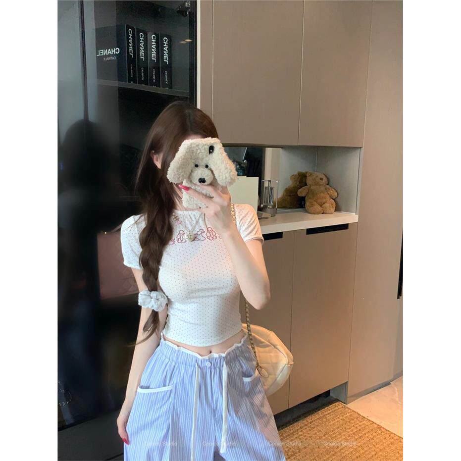 韩系辣妹烫钻波点上衣女