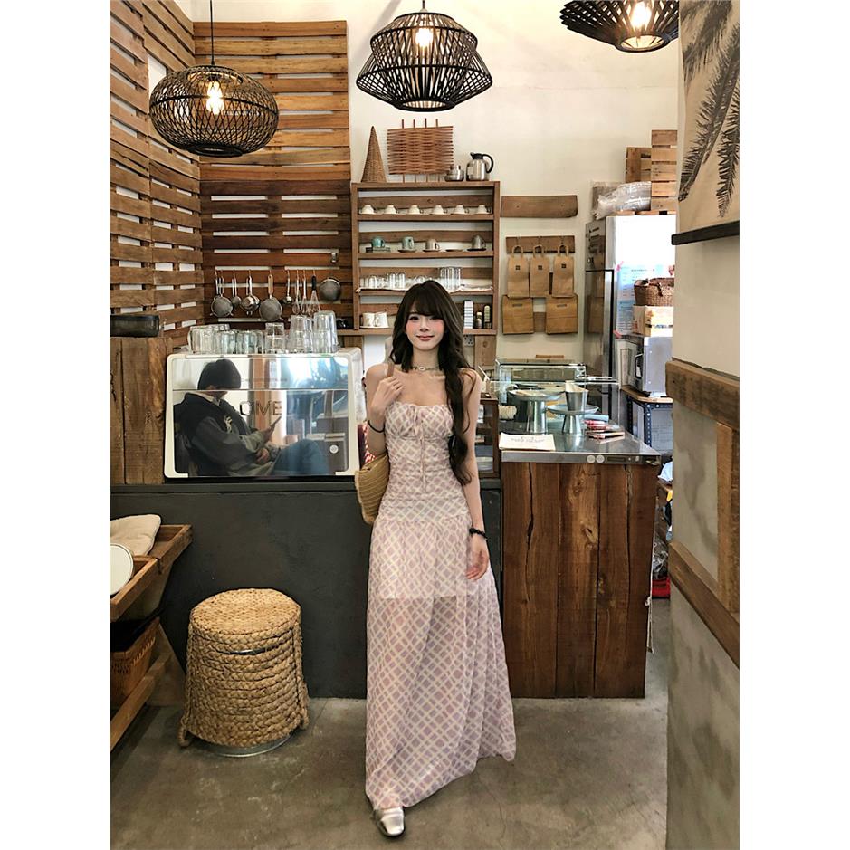 紫色格纹吊带连衣裙女夏