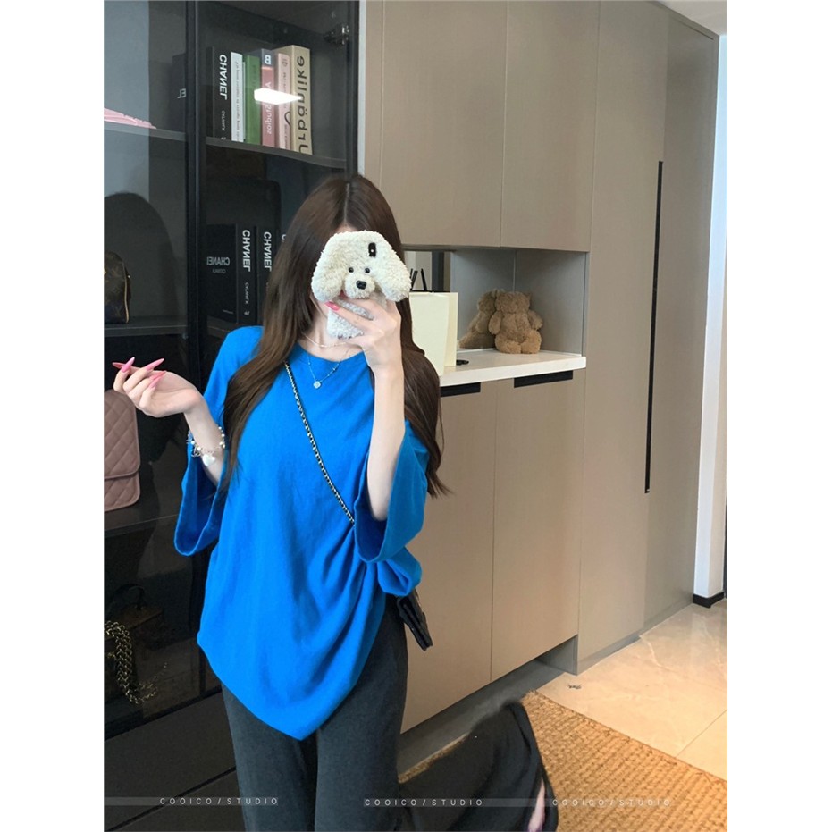 韩系简约纯色百搭圆领短