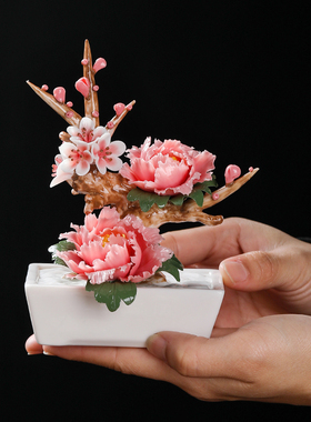 陶瓷仿真盆栽牡丹瓷花摆件品质家居客厅桌面干燥花装饰品/花开富