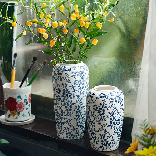 新中式复古青花瓷陶瓷花瓶客厅玄关插花瓶装饰品鲜花干燥花花器摆