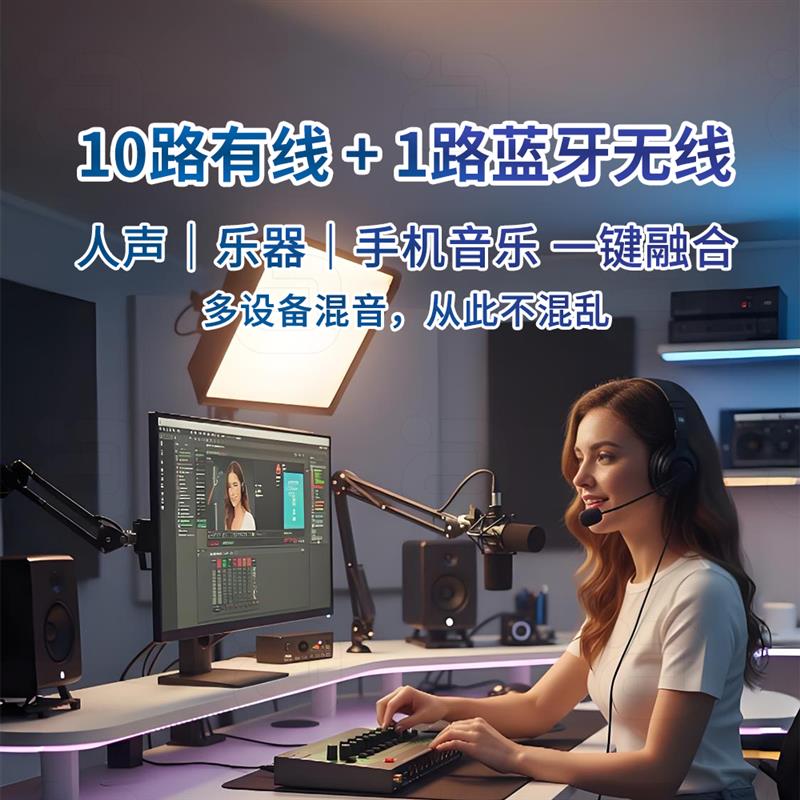 10路立体声混音器无线蓝牙可拆充电仓话筒音响功放多路音频混合器