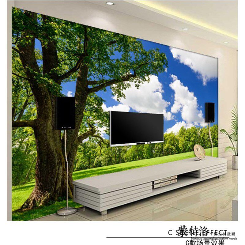 3d立体电视背景墙壁纸影视墙客厅沙发大自然风景森林大树墙纸壁画