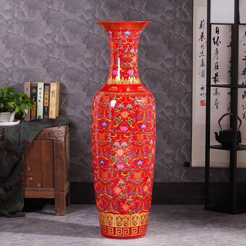 景德镇陶瓷器落地大花瓶金牡丹中国红摆件中式客厅特大装饰品送礼
