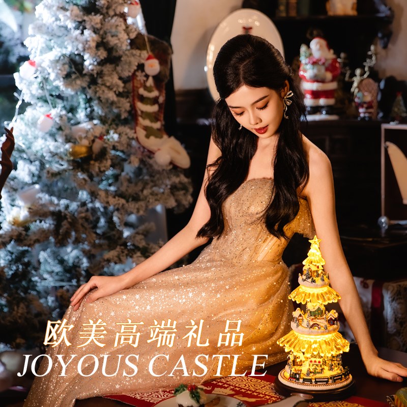 欧美新品Joyous Castle四层旋转火车圣诞树木质音乐盒女生日礼物