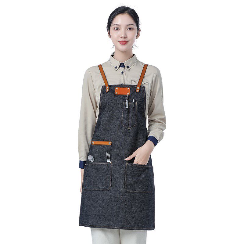 餐饮防水牛仔围裙定制logo咖啡师酒吧服务员男女皮背带美发工作服