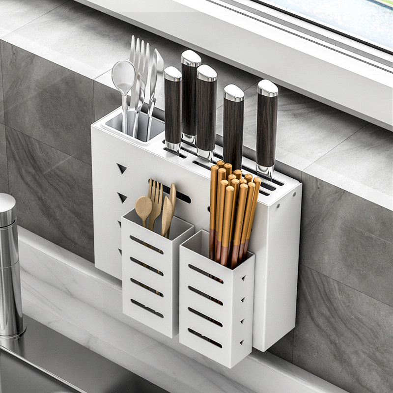 刀架厨房用品置物架铝合金免打孔多功能筷笼刀架一体壁挂式筷子笼
