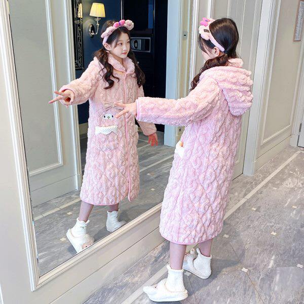 儿童睡衣冬季加厚款三层夹棉女童小孩珊瑚绒法兰绒睡袍保暖家居服