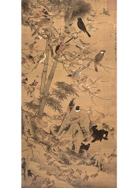 明边景昭三友百禽图高清微喷明代花鸟画临摹底稿画稿工笔花鸟画心