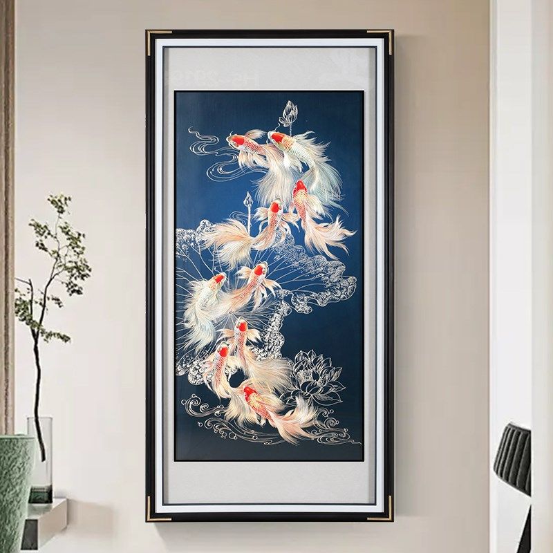荷花九鱼聚福手工铜板装饰画高档入户玄关墙壁挂画新中式铜雕画