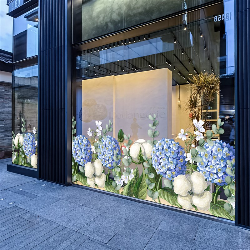 花卉绣球花玻璃门装饰贴纸商场服装店餐厅氛围感布置静电无胶贴画
