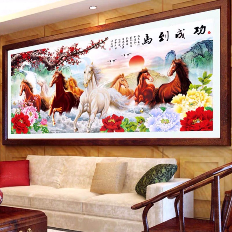 纯手工绣好的十字绣马到成功成品新款八骏图八匹马客厅办公室挂画
