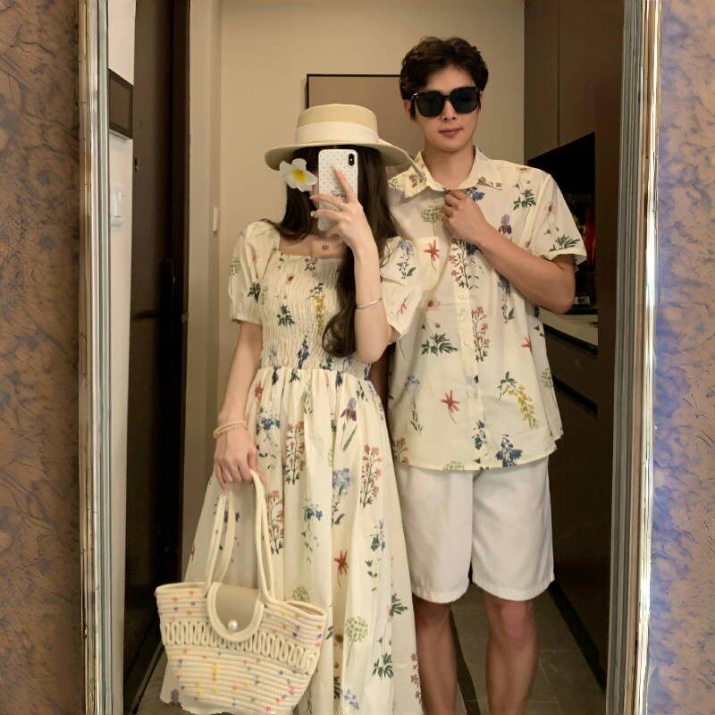 度假亲子装一家三口花衬衫2025新款夏天时尚母子衬衣母女连衣裙潮