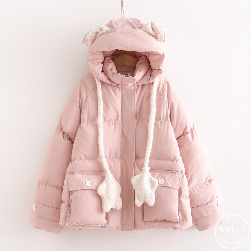 会动的兔耳朵棉服女冬季小个子甜美可爱奶油黄面包服短款软妹棉衣