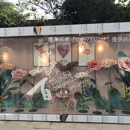 商场展示婚庆路引铁艺美陈橱窗婚礼装饰背景墙立体玫瑰纸艺花Z064