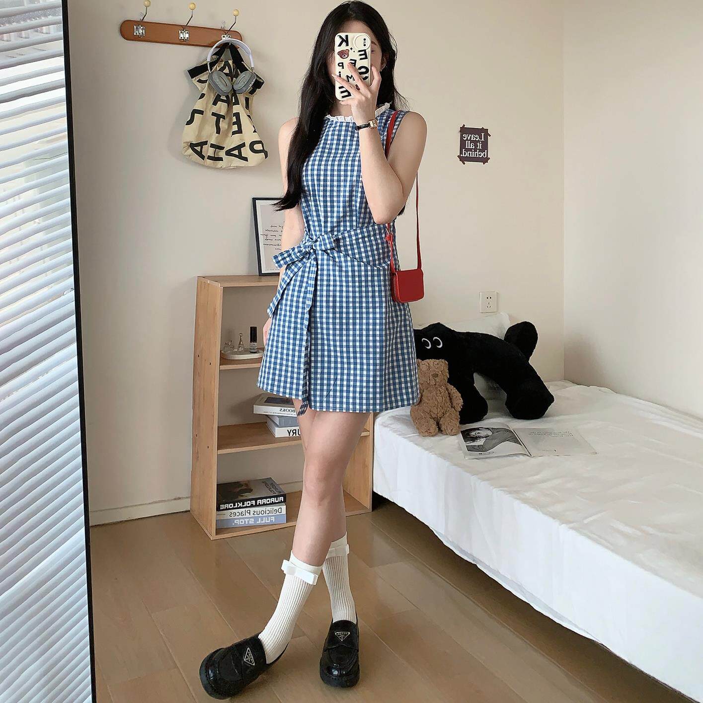 蓝色格子无袖洋装女小个