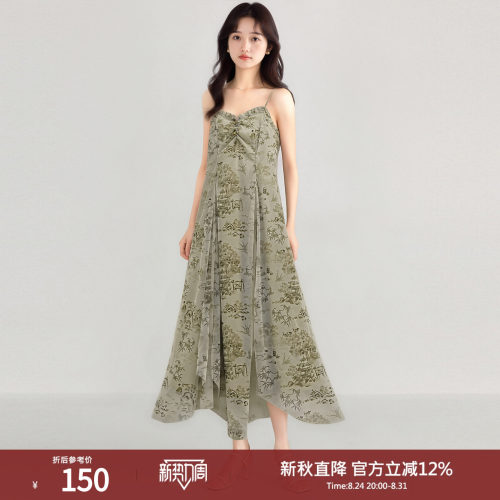 西町村屋新中式拼接印花吊带裙夏季简约百搭长款连衣裙EB9404001
